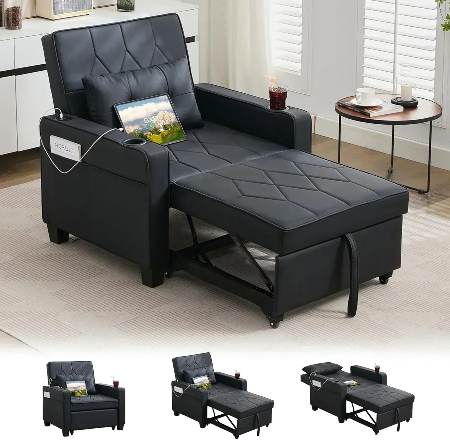 Adult Convertible Sleeper Chair Bed 3-in-1 Pull-Out Sofa Bed with USB/Type-C Ports Cup Holders