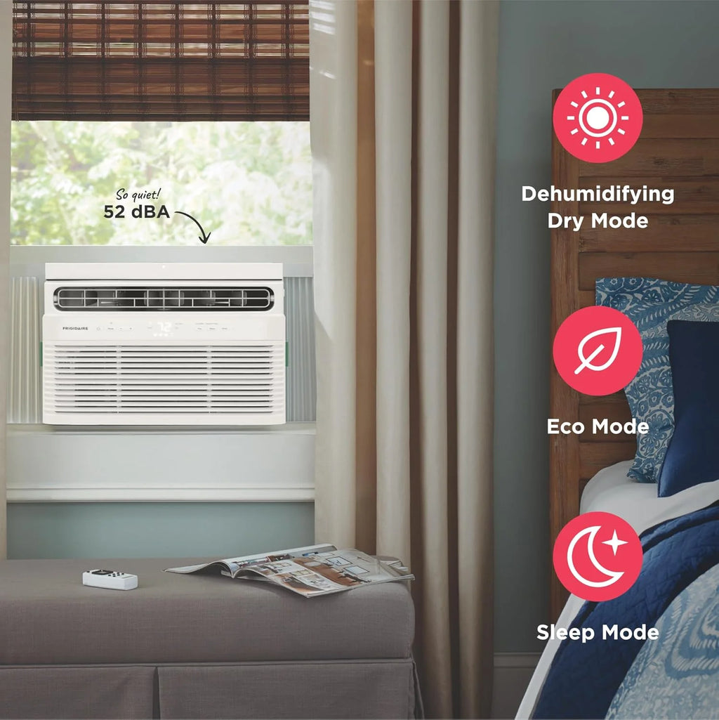 Frigidaire 5,000 BTU Window Air Conditioner with Remote Control, Cools Up to 150 Sq. Ft., Quiet Operation, Eco Mode, 3 Fan Speeds, Auto Restart, White